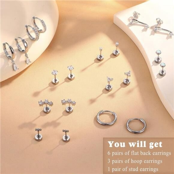 Gold flat back cartilage earrings set hypoallergenic hoop stud piercing - Picture 6 of 7